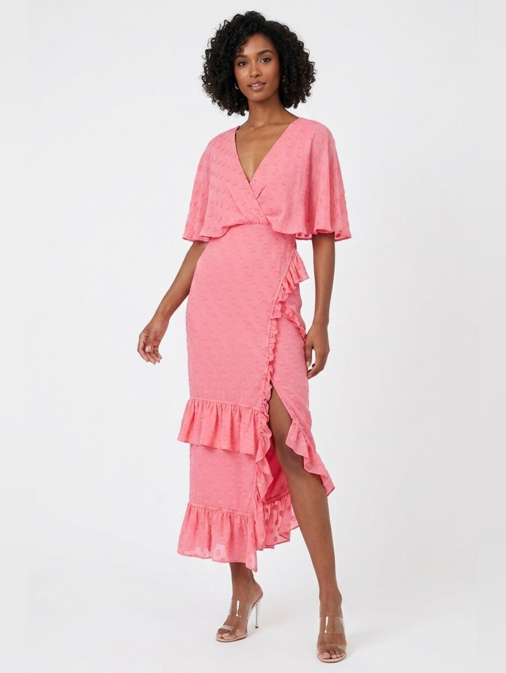NWT SALONI Rose in Watermelon Pink Jacquard Polka Dot Silk Blend Ruffle Dress 0